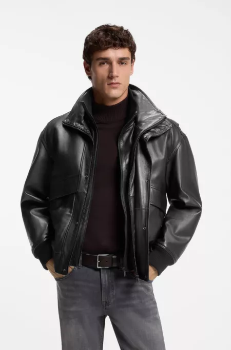 Padded leather bomber jacket with flap pockets