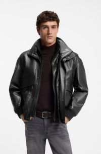 Padded leather bomber jacket with flap pockets, Black
