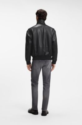 Padded leather bomber jacket with flap pockets, Black