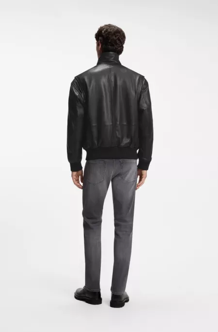 Padded leather bomber jacket with flap pockets