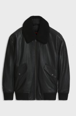 Relaxed-fit aviator jacket in textured leather, Black