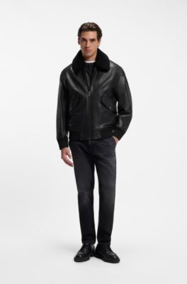 Relaxed-fit aviator jacket in textured leather, Black