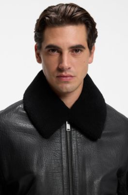 Relaxed-fit aviator jacket in textured leather, Black