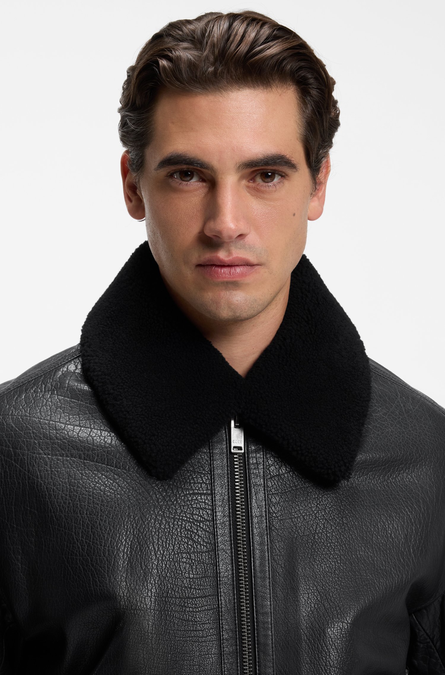 Boss Relaxed-fit aviator jacket in textured leather jackor herr – bild 3