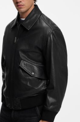 Relaxed-fit aviator jacket in textured leather, Black
