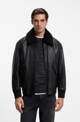 Relaxed-fit aviator jacket in textured leather, Black