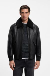 Relaxed-fit aviator jacket in textured leather, Black