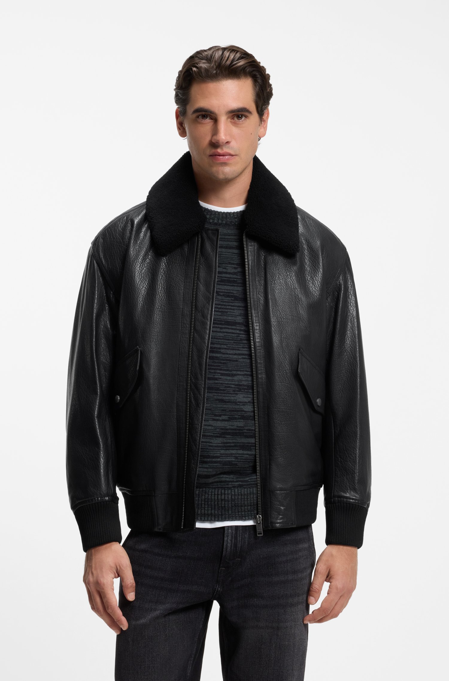Boss Relaxed-fit aviator jacket in textured leather jackor herr