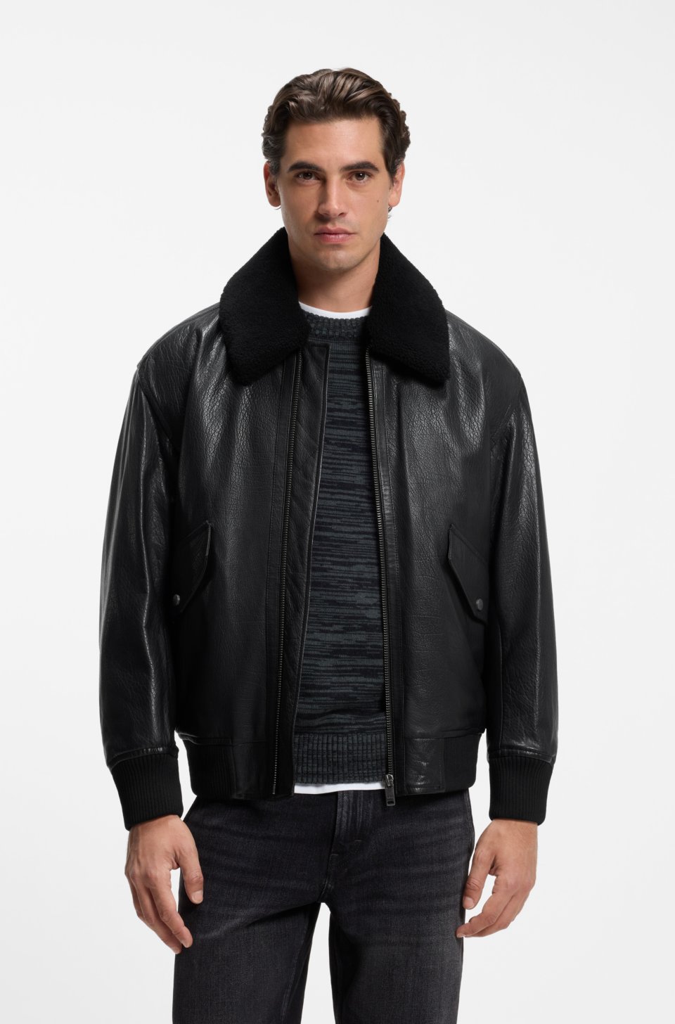 Relaxed-fit aviator jacket in textured leather