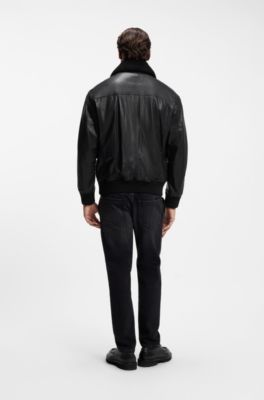 Relaxed-fit aviator jacket in textured leather, Black