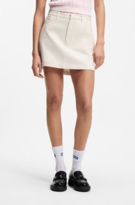 Cotton-twill mini skirt with Happy HUGO logo, Natural