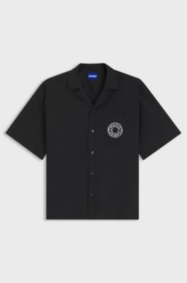 Relaxed-fit shirt with chest print and reverse lapels, Black