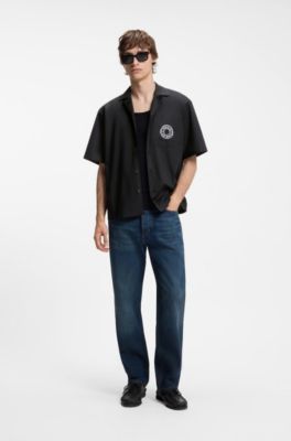 Relaxed-fit shirt with chest print and reverse lapels, Black