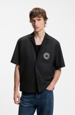 Relaxed-fit shirt with chest print and reverse lapels, Black