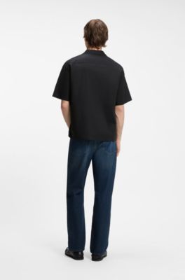 Relaxed-fit shirt with chest print and reverse lapels, Black