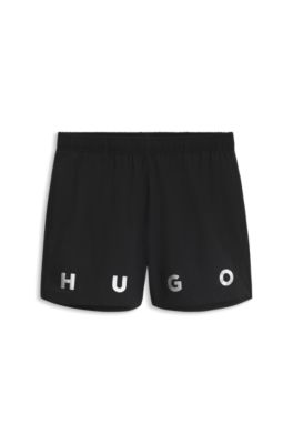 Short-length swim shorts with dual logo print, Black