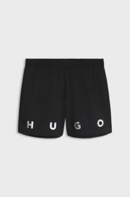 Short-length swim shorts with dual logo print, Black