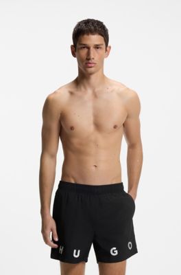 Short-length swim shorts with dual logo print, Black