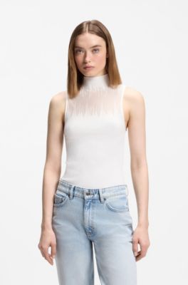 Knitted top with sheer section, Natural