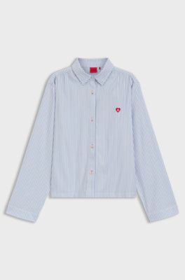 Cotton-blend pyjama shirt with heart logo, Light Blue Stripes