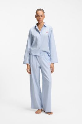 Cotton-blend pyjama shirt with heart logo, Light Blue Stripes