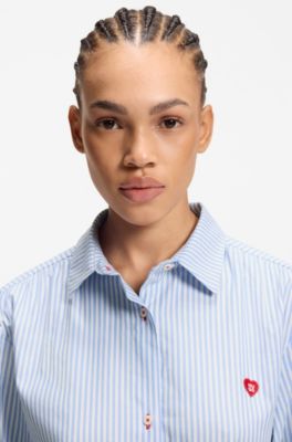 Cotton-blend pyjama shirt with heart logo, Light Blue Stripes