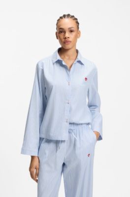 Cotton-blend pyjama shirt with heart logo, Light Blue Stripes