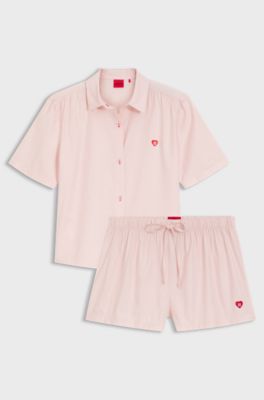 Cotton-blend pyjama set with heart logos, light pink