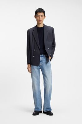 Blazer moderno fit in popeline misto lana, Blu scuro
