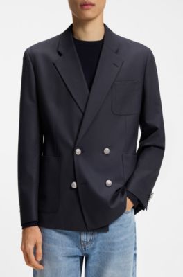 Blazer moderno fit in popeline misto lana, Blu scuro