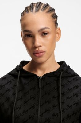 Relaxed-fit hooded jacket with flocked-logo print, Black