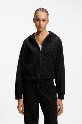 Relaxed-fit hooded jacket with flocked-logo print, Black