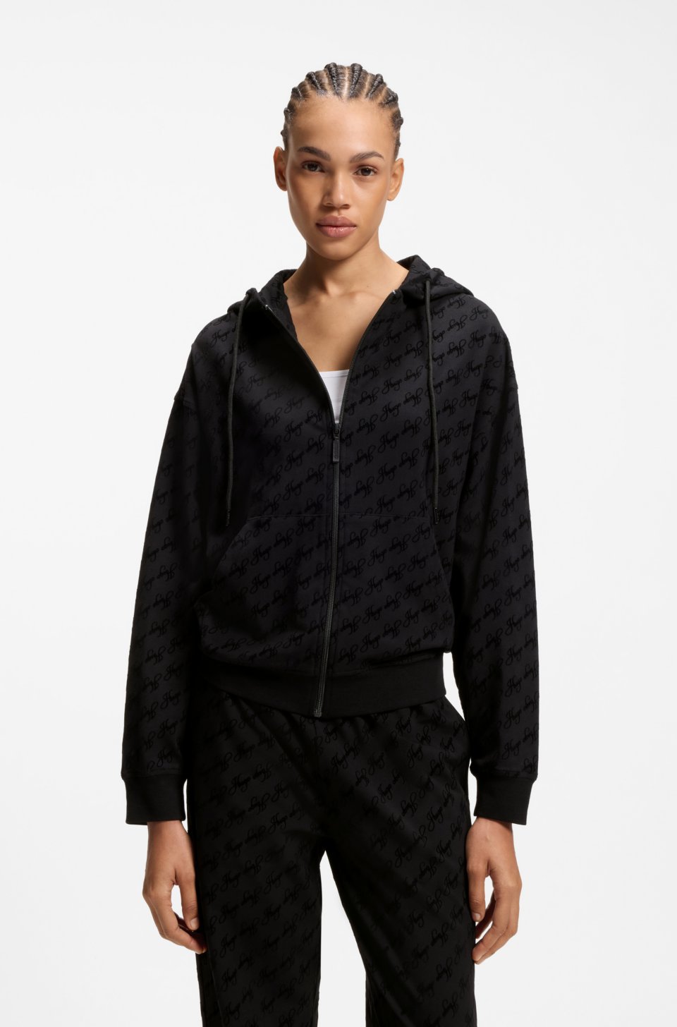 Relaxed-fit hooded jacket with flocked-logo print