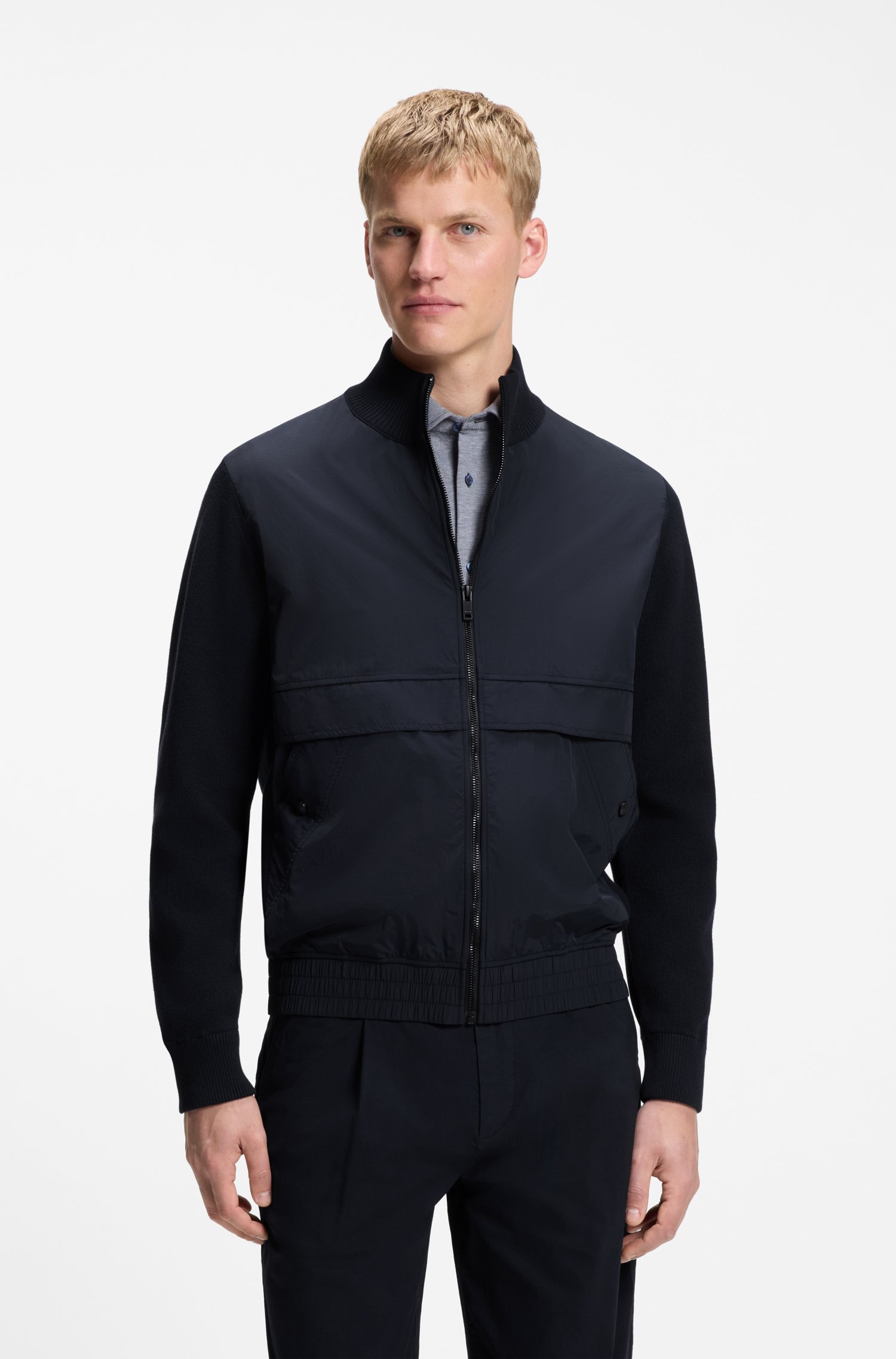Boss Cotton-blend jacket with contrast-fabric trims jackor herr