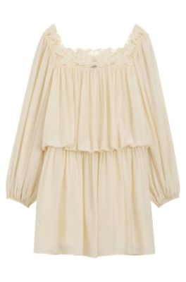 Relaxed-fit muslin dress with embroidered neckline, Light Yellow
