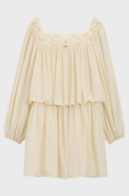 Relaxed-fit muslin dress with embroidered neckline, Light Yellow