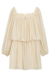 Relaxed-fit muslin dress with embroidered neckline, Light Yellow
