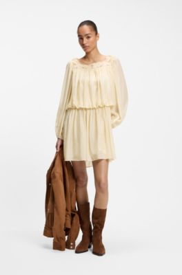 Relaxed-fit muslin dress with embroidered neckline, Light Yellow