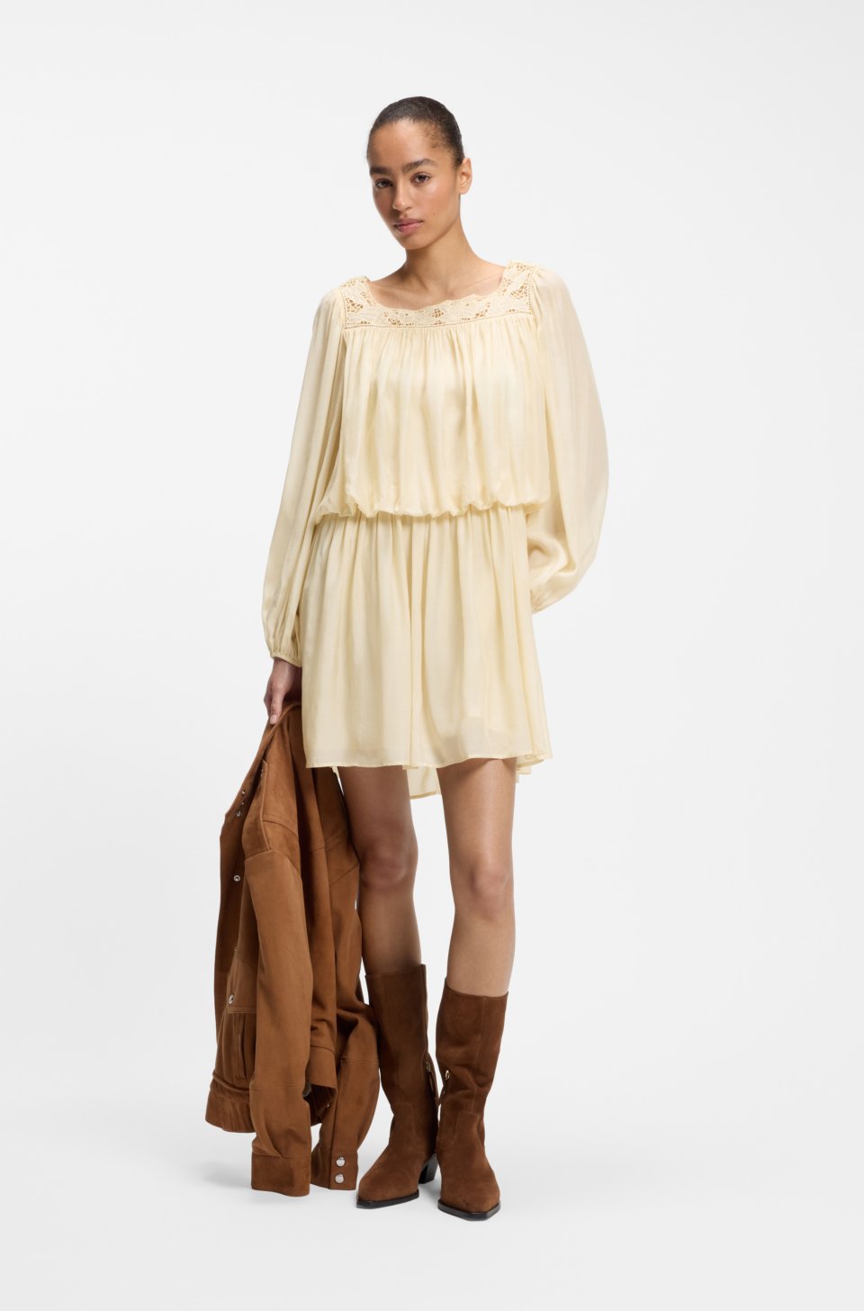 Relaxed-fit muslin dress with embroidered neckline