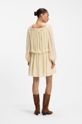 Relaxed-fit muslin dress with embroidered neckline, Light Yellow