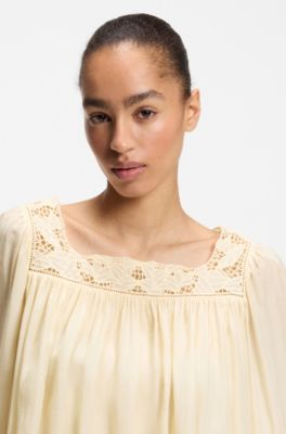 Relaxed-fit muslin dress with embroidered neckline, Light Yellow