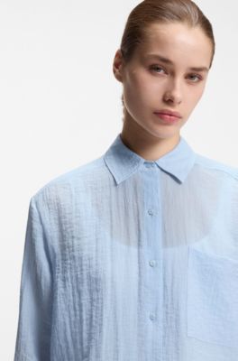 Relaxed-fit blouse in sheer structured fabric, Light Blue