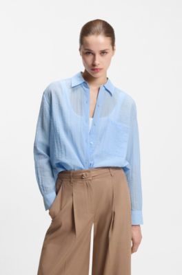 Relaxed-fit blouse in sheer structured fabric, Light Blue