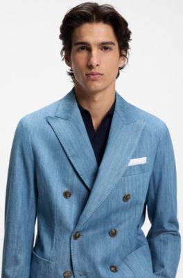 Blazer en coton italien &agrave; revers en pointe, bleu clair