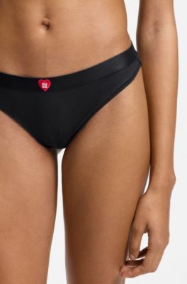 Geribde string met lage taille en hartlogo, Zwart