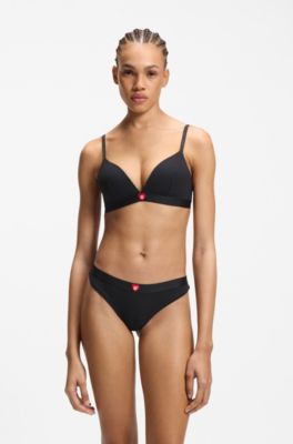 Geribde string met lage taille en hartlogo, Zwart