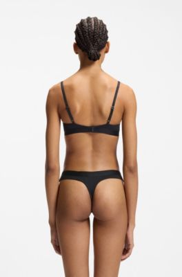 Geribde string met lage taille en hartlogo, Zwart