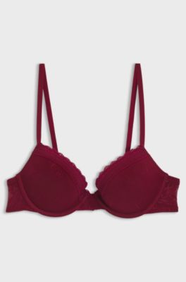 Reggiseno push-up in pizzo con logo, Rosso scuro