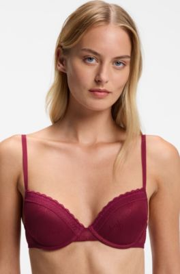Reggiseno push-up in pizzo con logo, Rosso scuro