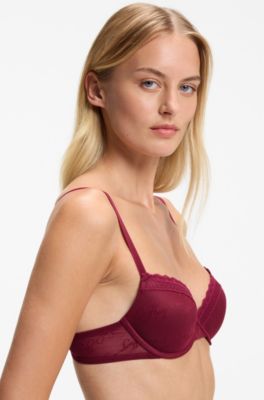 Reggiseno push-up in pizzo con logo, Rosso scuro